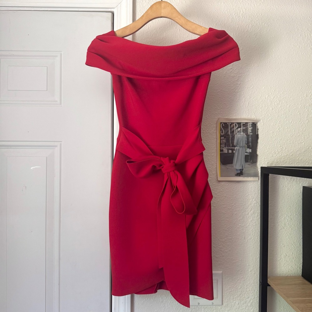 NWT BEC + BRIDGE red off shoulder tie waist sleeveless bodycon knit mini dress